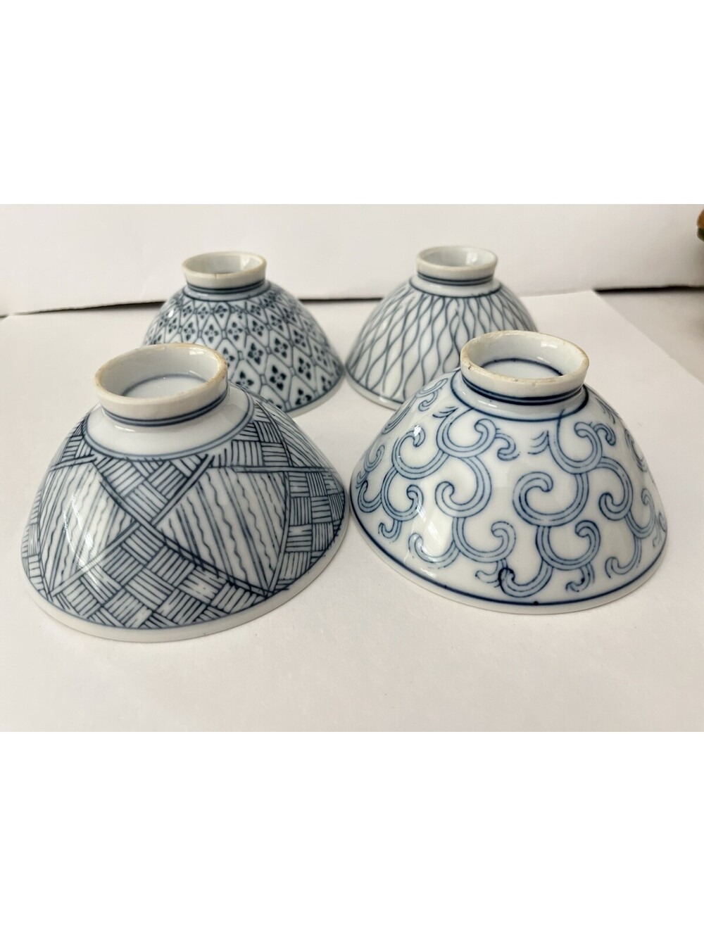 Vintage Blue/White Japanese Rice Bowls SET 4 BOWLS UNSIGNED